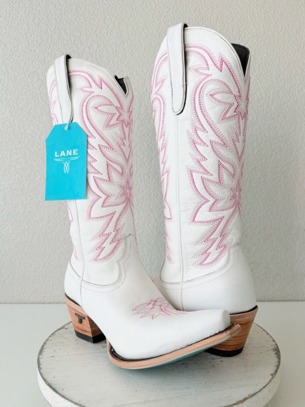 Lane Smokeshow White Pink Cowboy Boots Womens 8.5 Western Cowgirl Snip Toe Tall